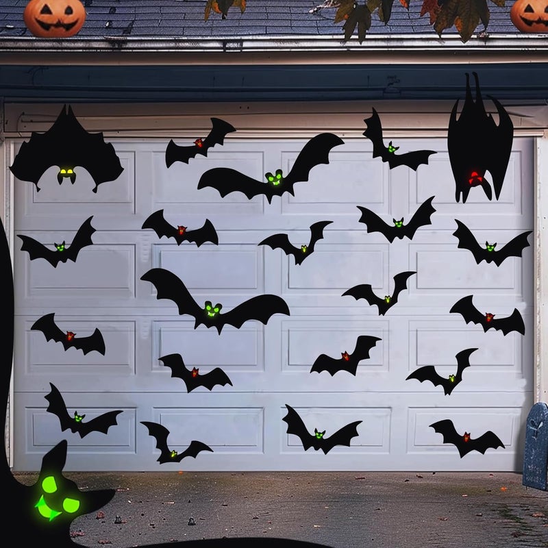 YUJUN 24PCS Halloween Garage Door Decorations Black Bats Glow in The Dark Eyes Magnets Garage Door Luminous Magnetic Stickers for Halloween Refrigerator Garage Indoor Outdoor Car Decorations - Image 2